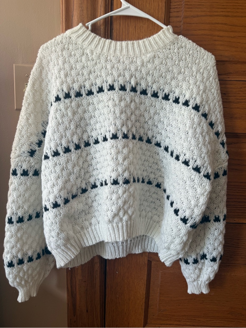 SHEIN Cream Textured Crewneck Sweater with Black Stripe Detail